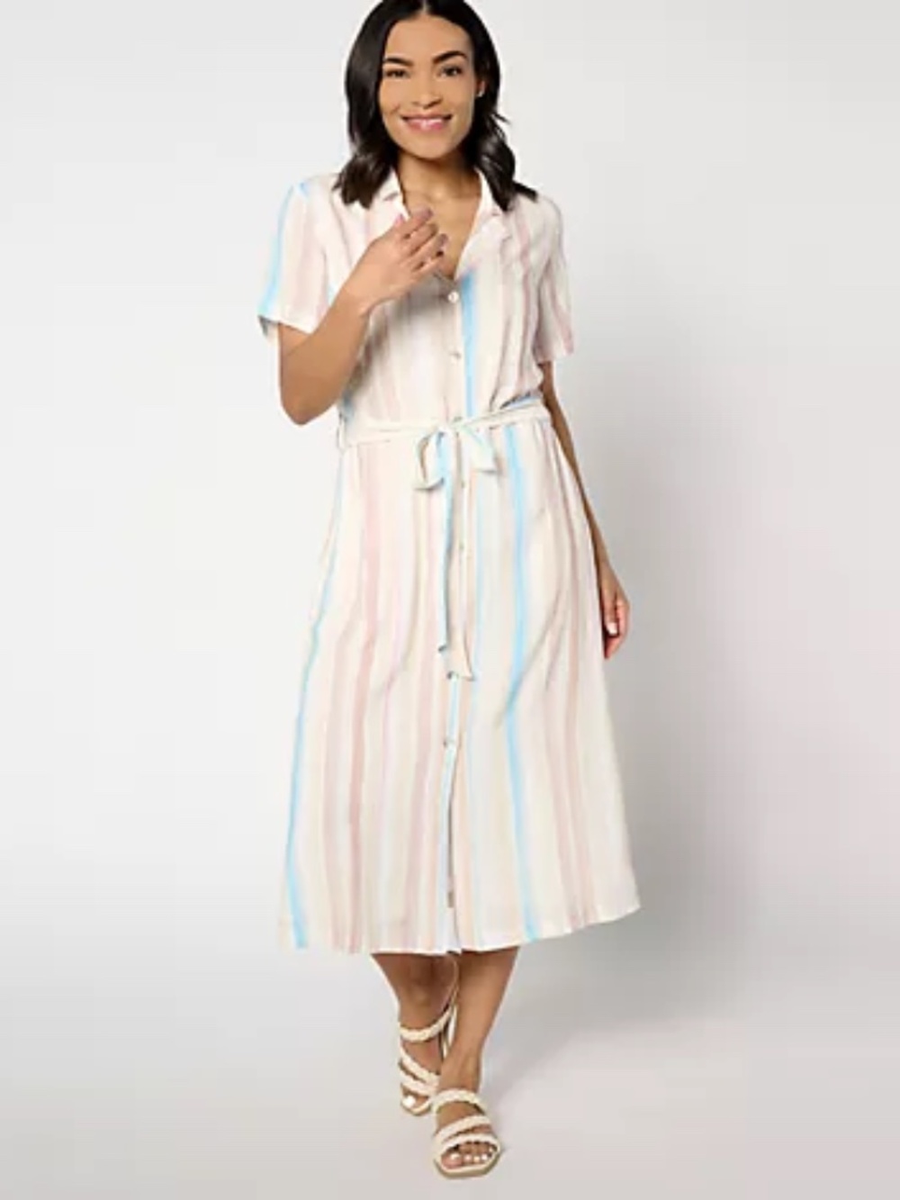 Side Stitch Short-Sleeve Button-Front Midi Dress - Desert Stripes Sz L a640078